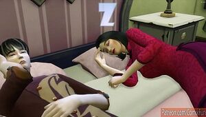 जापानी बेटा सोता है जापानी माँ उसके गाल दर्द के बाद और वह अपनी माँ के बगल में बिस्तर पर एक साथ बिस्�