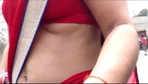 Red Saree Aunty Showing Deep Navel