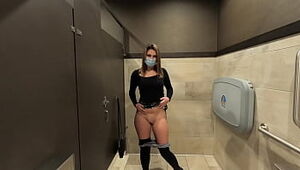 Slut wife gets naked in public bathroom